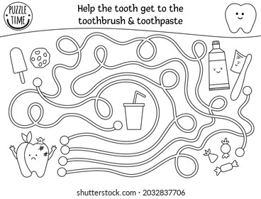 Black and white dental care maze for children. Preschool medical outline activity. Funny puzzle game or coloring page. Help ill tooth get to the toothbrush and toothpaste. Mouth hygiene labyrinth
