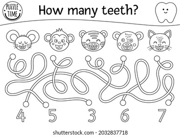 El laberinto de cuidado dental en blanco y negro para niños. Esbozo preescolar de actividad matemática con animales toothy. Rompecabezas de líneas divertidas o página de coloreado. Contando el laberinto para los niños. Cuántos dientes
