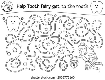 Black and white dental care maze for children. Preschool line dentist clinic activity or coloring page. Help the Tooth Fairy get to the tooth. Mouth hygiene labyrinth for kids

