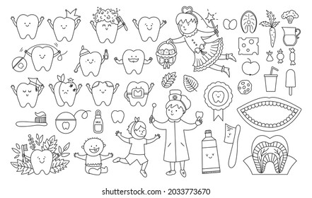 Black and white dental care vector set. Outline collection with Tooth fairy, smiling toothbrush, teeth, dentist, dental clinic, tools. Big stomatology elements pack for kids. Mouth hygiene line icons