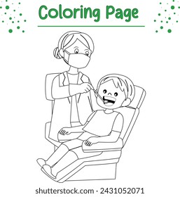 Odontólogo blanco y negro y niño. dentista para colorear página