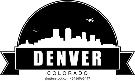 Black and white Denver Colorado buildings skyline negative air space silhouette dome shaped emblem with scroll banner below and name text inside. Vector eps graphic design.