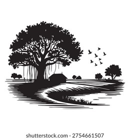 A black and white depicting a large tree with birds flying over a rural landscape that includes a small house and a body of water. The scene is serene and tranquil, capturing the essence of.........