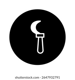 Representação em preto-e-branco de um ícone de ferramenta falciforme em um plano de fundo gráfico minimalista para projetos