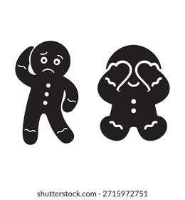 Una representación en blanco y negro de dos figuras de pan de jengibre que muestran expresiones de tristeza y angustia.