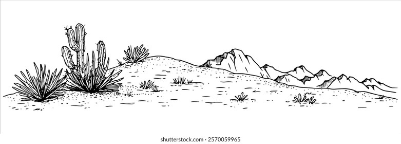 black and white desert landscape illustration with cacti and mountains