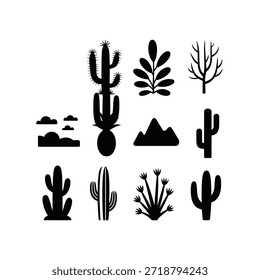 Paisaje desértico en blanco y negro con varias siluetas de cactus y plantas
