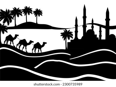 Black and white desert vector with camels illustration, art 