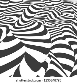 Black and white design. Abstract striped background. Optical illusion effect. Geometric tile in op art style. Vector illusive background, texture. Futuristic element, technologic design.