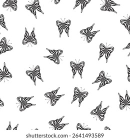 A Black and White Design of Black Butterflies Floating on a White Background creating a seamless pattern print