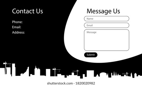 Black and white design of contacts screen with the form of sending messages. City silhouette for a construction company. Vector templates for website design. UI, UX, GUI. EPS 10.