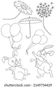 Black and white design doodle set with happy funny rabbits,  balloons, flowers and umbrella isolated on white background. Vector illustration, Easter and animal of the year 2023 concept. 
