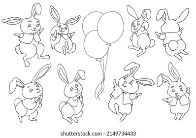 Black and white design doodle set with cheerful and happy funny rabbits flying on balloons isolated on white background. Vector illustration, Easter spring and animal of the year 2023 concept. 