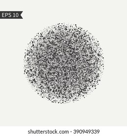 Black and white design element. Burst glitter sparkles on background. Bright confetti. Glitter background. Texture with randomly disposed spots. Ink blot. Dotted circle.