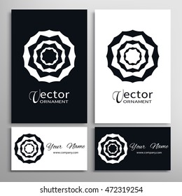 Black and white design element, decorative ornament, abstract geometric shape and business cards set. Isolated symbol for logo, icon, label. Stylized round floral mandala pattern