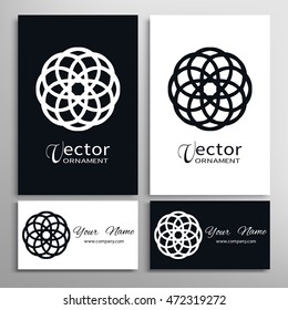 Black and white design element, decorative ornament, abstract geometric shape and business cards set. Isolated symbol for logo, icon, label. Stylized round floral mandala pattern