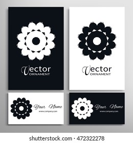 Black and white design element, decorative ornament, abstract geometric shape and business cards set. Isolated symbol for logo, icon, label. Stylized round floral mandala pattern