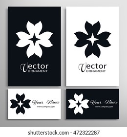 Black and white design element, decorative ornament, abstract geometric shape and business cards set. Isolated symbol for logo, icon, label. Stylized round floral mandala pattern