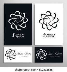 Black and white design element, decorative round ornament, abstract geometric floral shape and business cards set. Isolated sign symbol for logo, icon, label. Stylized mandala, flower, star, spiral
