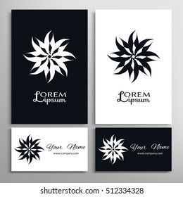 Black and white design element, decorative round ornament, abstract geometric floral shape and business cards set. Isolated sign symbol for logo, icon, label. Stylized mandala, flower, star, spiral