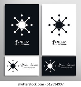 Black and white design element, decorative round ornament, abstract geometric floral shape and business cards set. Isolated sign symbol for logo, icon, label. Stylized mandala, flower, star, spiral