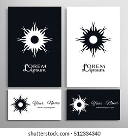 Black and white design element, decorative round ornament, abstract geometric floral shape and business cards set. Isolated sign symbol for logo, icon, label. Stylized mandala, flower, star, spiral