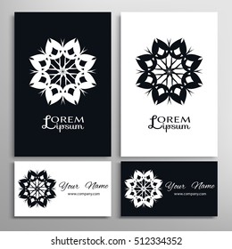 Black and white design element, decorative round ornament, abstract geometric floral shape and business cards set. Isolated sign symbol for logo, icon, label. Stylized mandala, flower, star, spiral