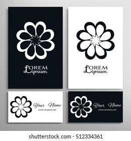 Black and white design element, decorative round ornament, abstract geometric floral shape and business cards set. Isolated sign symbol for logo, icon, label. Stylized mandala, flower, star, spiral