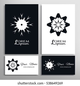 Black and white design element, decorative ornament, abstract geometric shape and business cards set. Isolated symbol for logo, icon, label. Stylized round floral mandala pattern