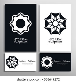 Black and white design element, decorative ornament, abstract geometric shape and business cards set. Isolated symbol for logo, icon, label. Stylized round floral mandala pattern