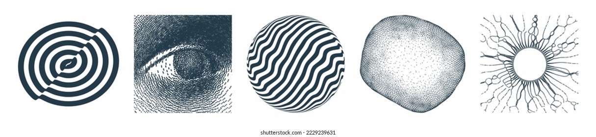 Black and white design elements. Melted liquid shape. Sphere. Eye. Digital vision. An abstract cell represented as an object of dots. 3D vector illustration for cover, poster, booklet or brochure. 