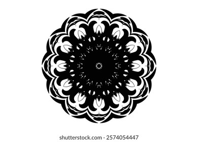 A black and white design featuring a prominent flower at the center, showcasing intricate details and elegant patterns	
