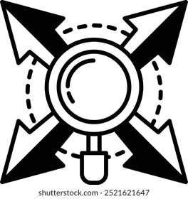 A black and white design with four arrows pointing in different directions and a magnifying glass in the middle. The design could represent the idea of exploring different paths or perspectives