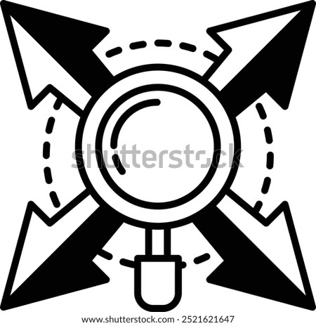 A black and white design with four arrows pointing in different directions and a magnifying glass in the middle. The design could represent the idea of exploring different paths or perspectives