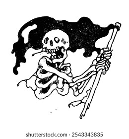 Black and white design, illustration of a skeleton carrying a waving flag.