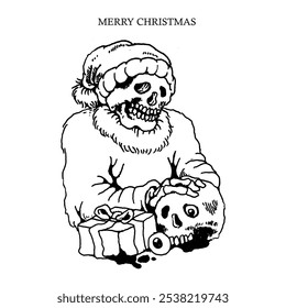 black and white design. image of santa claus skeleton and gift box.