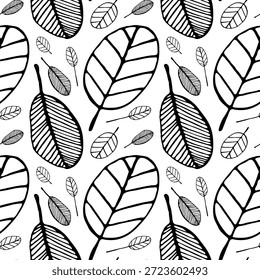 O design preto e branco inclui folhas de inverno delicadas em arranjo harmonioso. Folha padrão sem emenda.