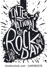 Black and white design with ink splashes of a guitar shape to celebrate International Rock 'n' Roll Day in July 13.