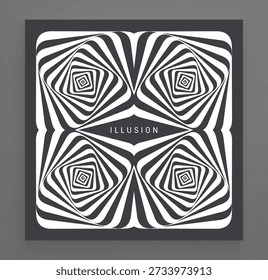 Black and white design. Optical illusion. Abstract striped form. Cover design template. Squares within squares. Dynamic effect. Vector illustration for brochure, planner, diary, notebook or notepad.