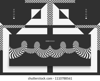 Black and white design. Pattern with optical illusion. Abstract 3D geometrical background. Vector illustration.