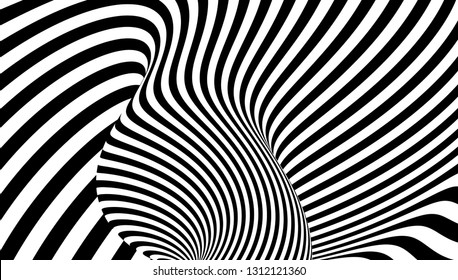 Black and white design. Pattern with optical illusion. Abstract 3D geometrical background. Vector illustration.