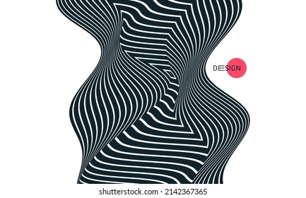 Black and white design. Pattern with optical illusion. The geometric background by stripes. 3d vector patter for brochure, annual report, magazine, poster, presentation, flyer or banner.