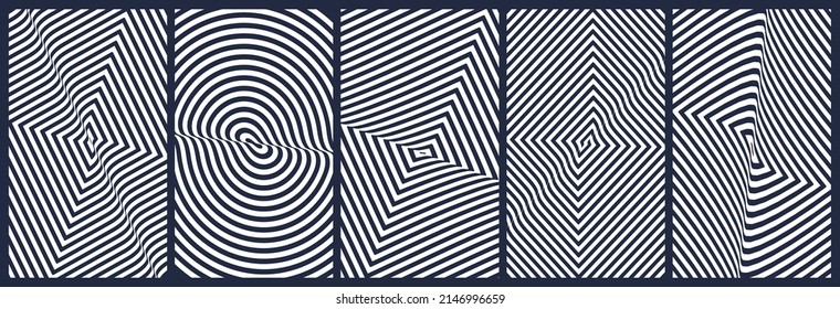 Black and white design. Pattern with optical illusion. Abstract striped background with ripple effect. 3d vector patter for brochure, annual report, magazine, poster, presentation, flyer or banner.