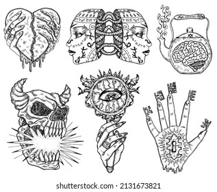 Black and white design set with fantasy mystic symbols and characters isolated on white background. Halloween hand drawn vector illustrations with esoteric, occult and gothic concept