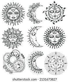 Black and white design set with fantasy mystic symbols and signs of sun and moon isolated on white background. Celestial hand drawn vector illustrations with esoteric, occult and gothic concept