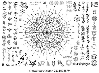 Black and white design set with fantasy mystic symbols and signs isolated on white background. Halloween hand drawn vector illustrations with esoteric, occult and gothic concept