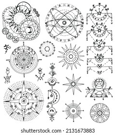 Black and white design set with fantasy mystic symbols and signs of sun and moon isolated on white background. Celestial hand drawn vector illustrations with esoteric, occult and gothic concept