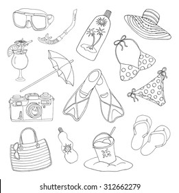 Black and white design set with silhouettes of swimming suite, hat, camera, sandals and other objects for beach holidays