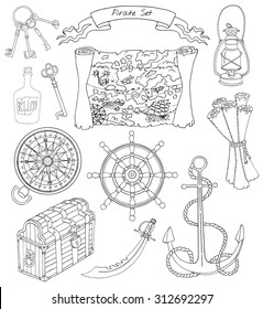 Black and white design set with silhouettes of map, compass, lamp, anchor, wheel, trunk and other pirate theme objects, with hand drawn elements