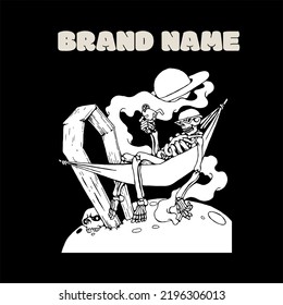 black and white design, the skeleton is relaxing on the moon in the hammock, very suitable for merchandising purposes, such as clothes, mugs, emblems, stickers and more.